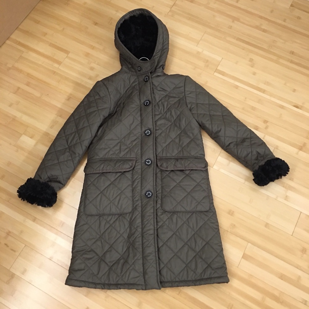 Quilted Hooded Long Coat in Olive with Faux Fur Trim